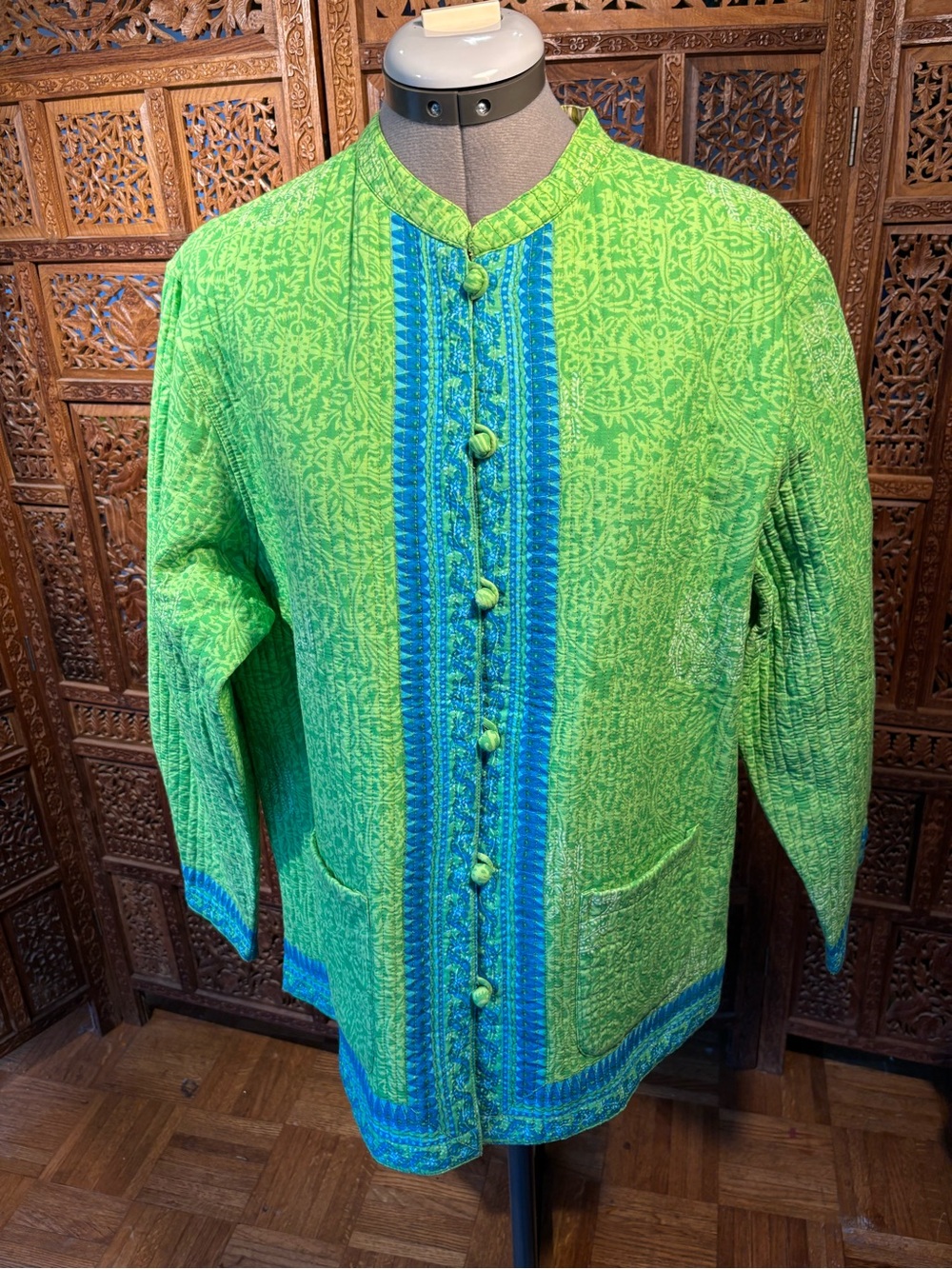 Anu Reversible Green and Blue Quilted Mandarin-Collar Women's Jacket